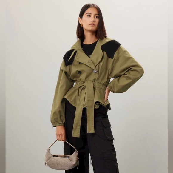 MARISSA WEBB Faux Fur Belted Coat Olive Green Utility Trench Jacket Size 6 - Picture 7 of 13